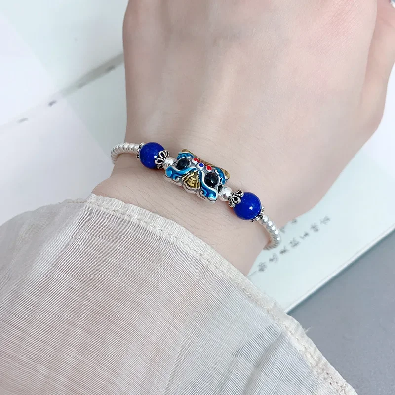 

Pure 999 Silver Pillow Shape Beaded Bracelet For Women Ethnic Vintage Enamel Lion Handmade Lapis Lazuli Bracelets Jewelry SL115