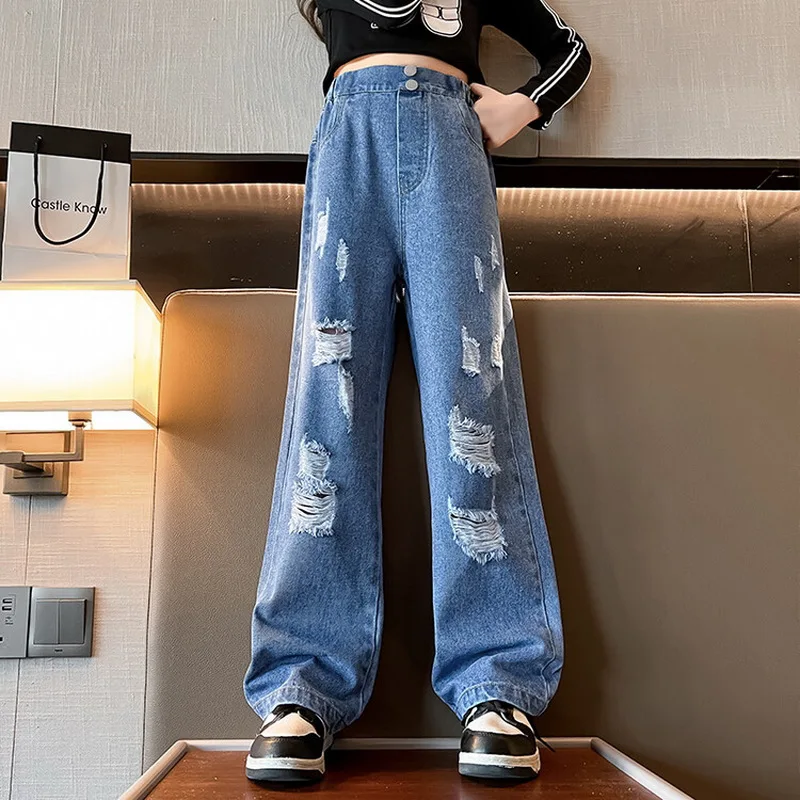 Maeau Jeans Larghi Per Ragazza - Denim Strappato Vintage Con Vita Elastica - Gamba Larga, Colore C1, Taglia 11-12 Anni