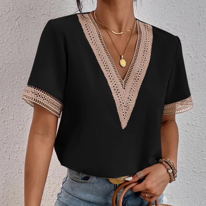 Summer Elegant Short Sleeve Lace Chiffon Blouse V Neck Office Lady 2025 Loose Woman Shirts Casual Tops Hollow Out Clothes 25125