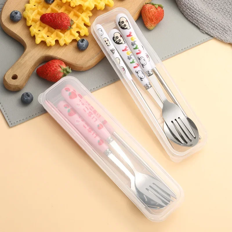 Cartoon Cow Cutlery Spoon Fork Chopsticks Stainless Steel Portable Travel Lunch Tableware Dinnerware Sets Kitchen Accessories