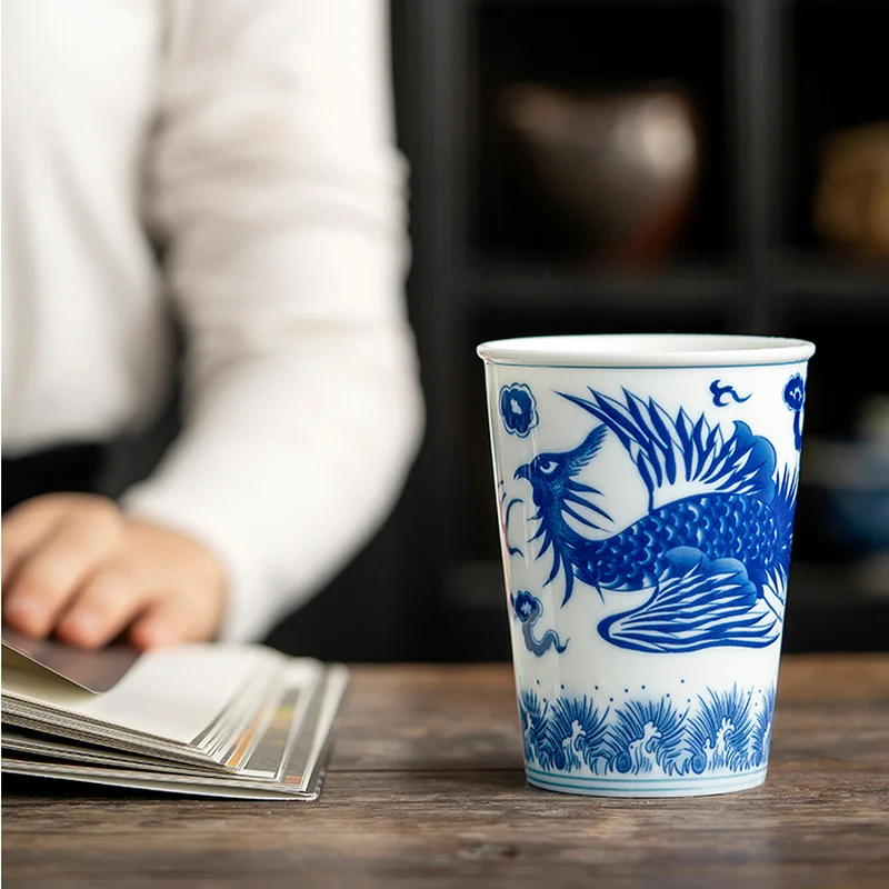 CHANSHOVA 260ml Chinese Retro Style Blue and white dragon and phoenix pattern Ceramic Teacup Porcelain Coffee cup Ceramic cups
