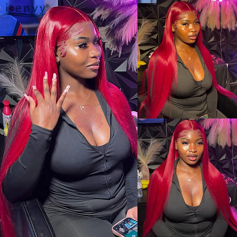 롱 99J 레드 버건디 컬러 레이스 프론탈 인모 가발 13X6 13X4 HD 스트레이트 레이스 프론트 가발 프리 플러킹 인모 가발 34인치