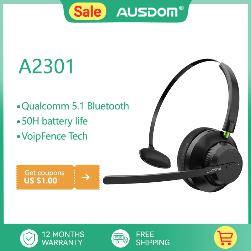Ausdom A2301 V5.1 uc Fone de Ouvido sem Fio do Escritório de Redução de Ruído Mic 50hrs Talktime Telefone Driver Fones de Ouvido para Call Center
