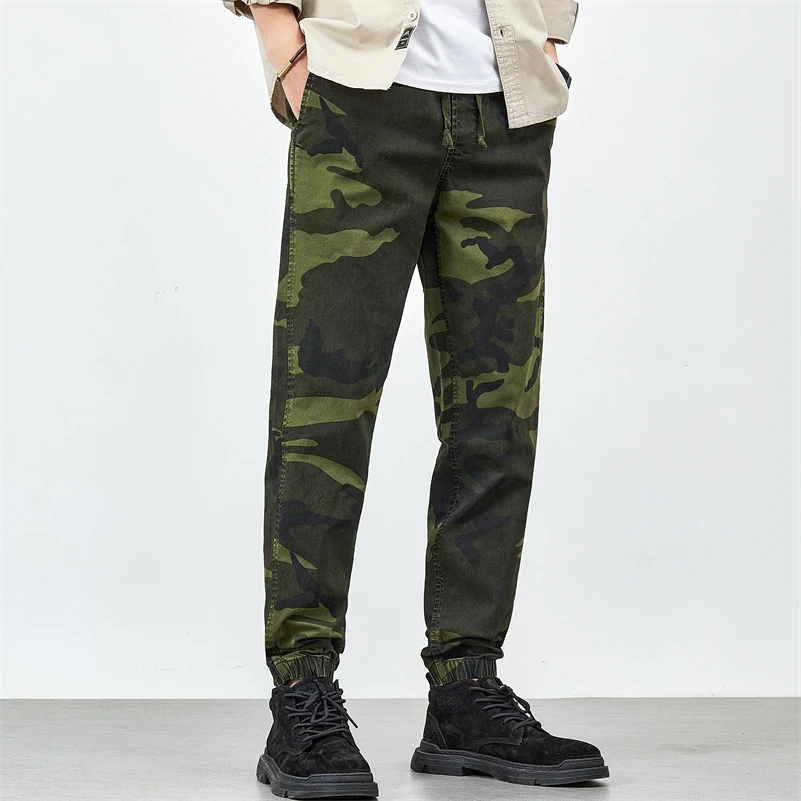 Men's Camouflage Cargo Pants Drawstring Khaki Tactical Trousers Regular Fit Hiking Pants Breathable Cotton Fishing Trousers