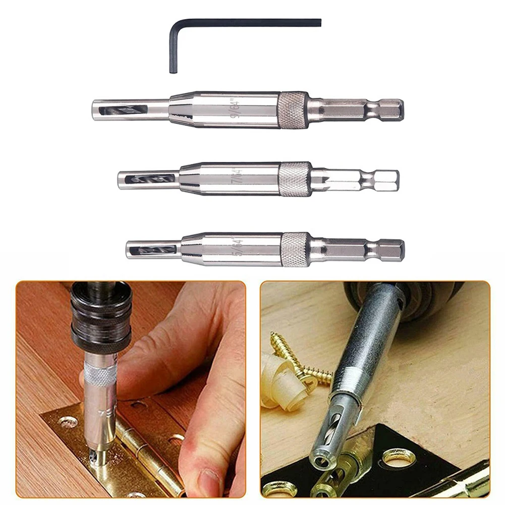 

3pcs Self Centering Hinge Drill Bit Set High-speed Steel Woodworking Door Window Hinge Cabinet Cupboard Hinge Drilling Cutting