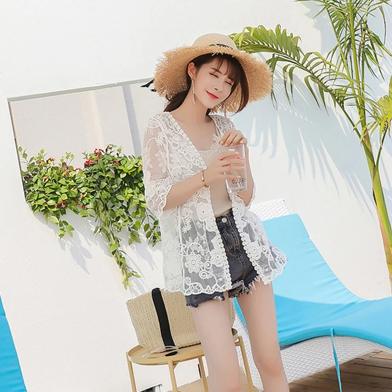 beach maxi dress with sleeves 2022 Women Beach Cover Up Floral Embroidery Swimwear Women Robe Cardigan BathingSuit sheer bathing suit cover up