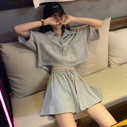 Casual Sports Short-sleeved Suit Women's Summer Tshirts New Loose Polo Shirt Wide-leg Shorts Two-piece Set Korean Sports Hakama