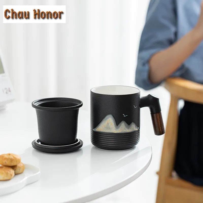 400ml Japanese Hand Painted Distant Hills Coarse Pottery Mug With Handle Filter Lid Coffee Cup Home Porcelain Cup Office Tea Mug