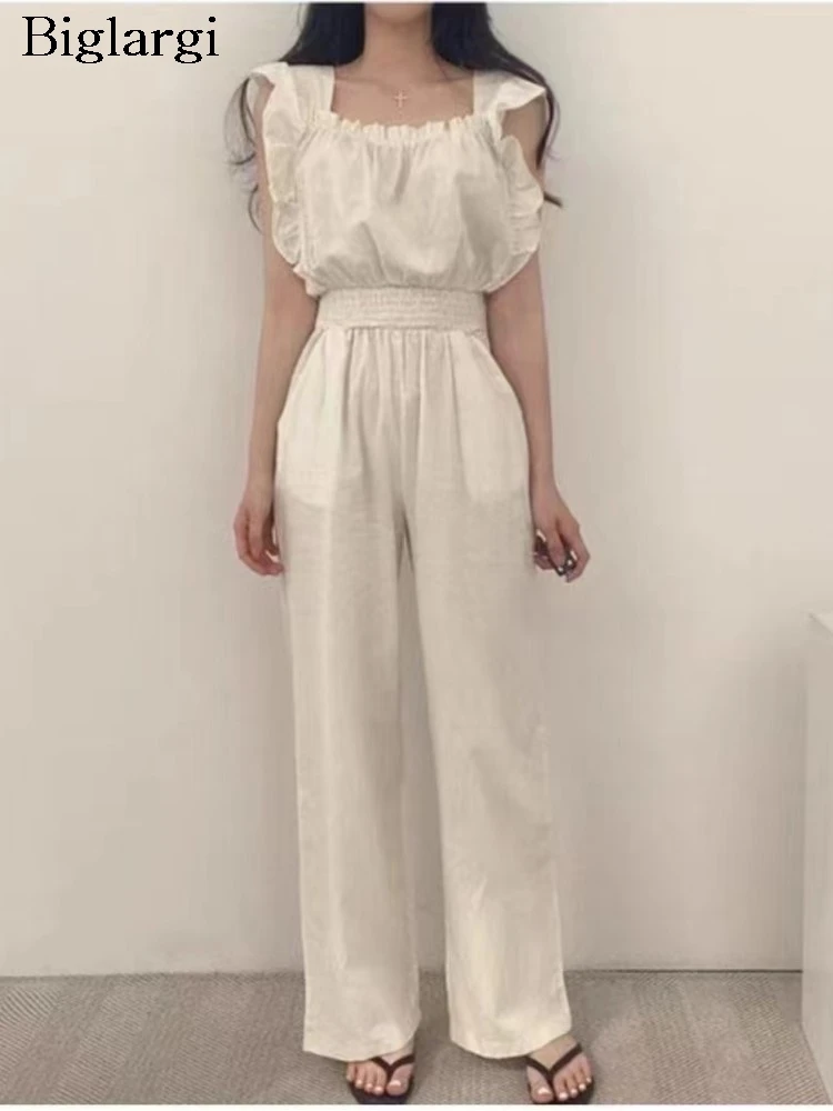

Spring Long Jumpsuit Women Ruffle Sleeveless Square Collar Patchwork Fashion Ladies Jumpsuits Casual Korean Style Woman Jumpsuit