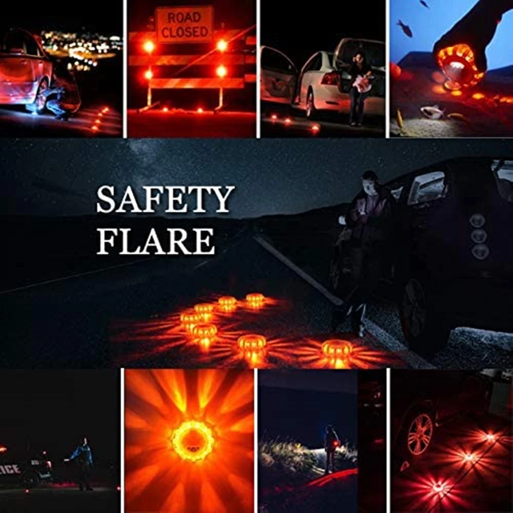 USB Rechargeable LED Road Flares Emergency Lights Roadside Warning Car  Safety Beacon Flashing Disc Flare Kit with Magnetic Base