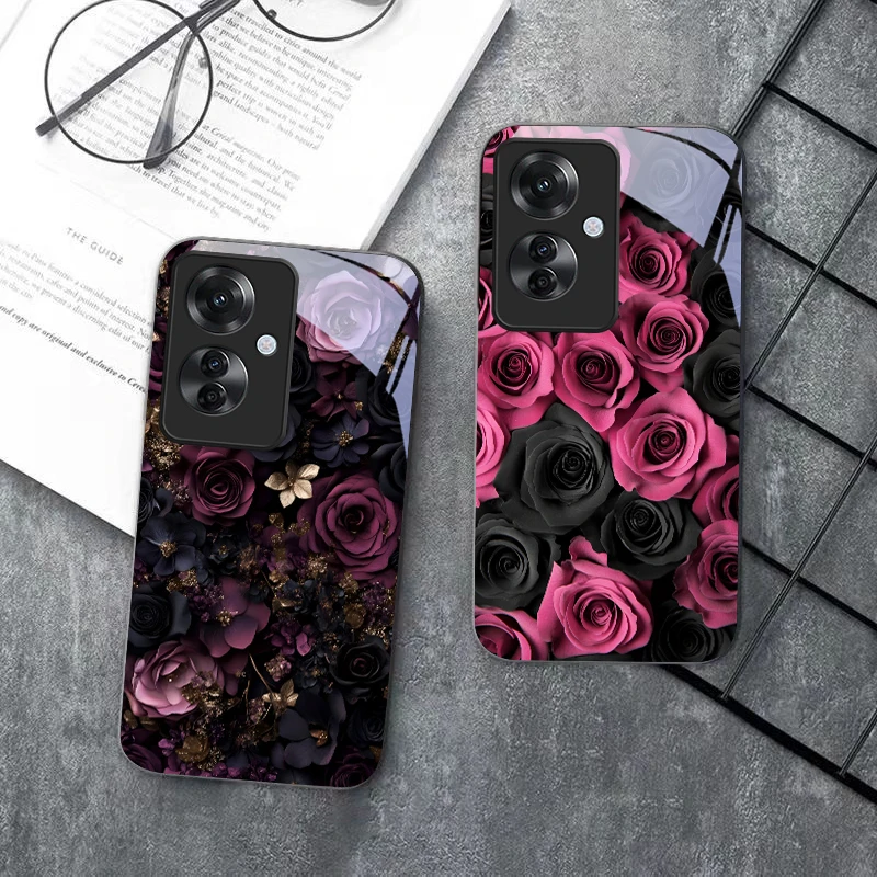 Chic Black Pink Rose Glass Phone Case