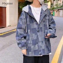  Hooded Jackets Men Spliced Plaid Minimalist Slouchy American Style High Street Hip Hop Classic Youthful Vitality Popular Retro 