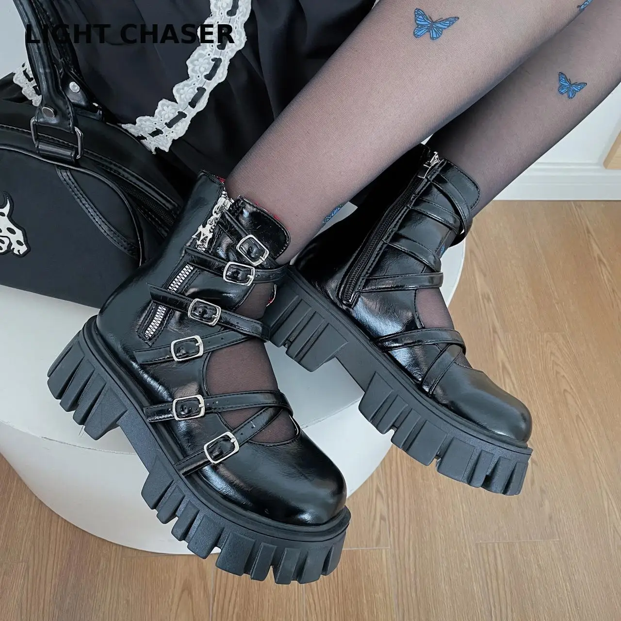 

New Botas Women Motorcycle Ankle Boots Wedges Female Lace Up Platforms Booties Black Leather Oxford Shoes Punk Women Boots Mujer