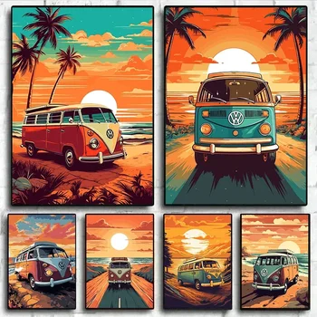 Retro Vintage Nature Bus on The Beach Posters Prints Travel Surf Board Sea Sunset Surfboard Canvas Painting Wall Art Home Decor