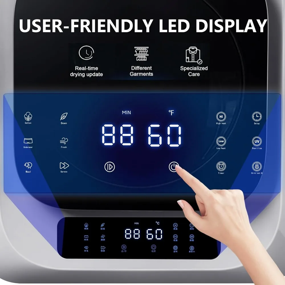 6.6Lbs Portable Clothes Dryer, Comtact Mini Dryer Machine with Exhaust Pipe, LED Touch Control Panel, White&Black