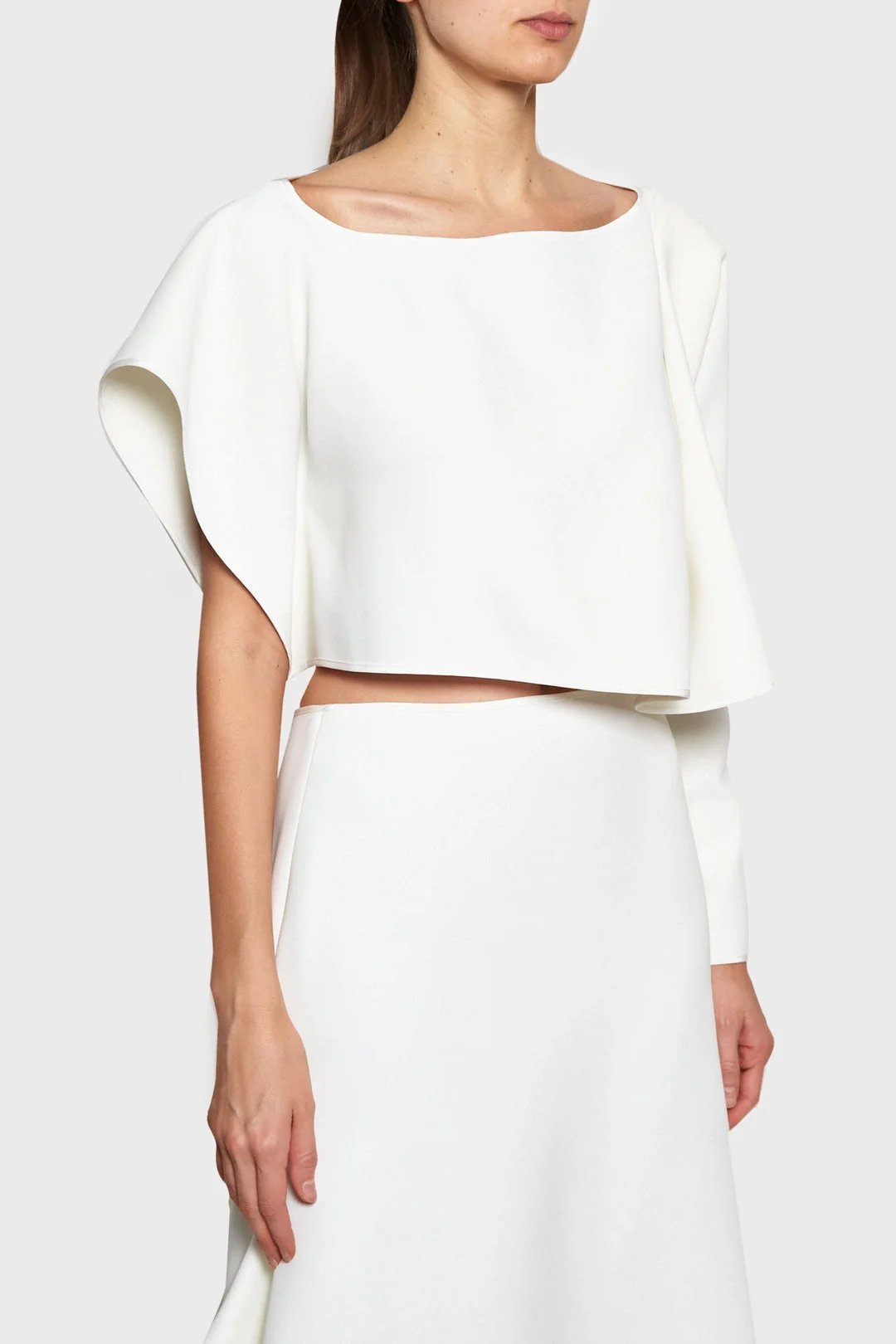 

OIMG Two Pieces Ivory Prom Maxi Dresses Long Sleeves Backless Crepe Satin Zipped Ruched Evening Gowns Formal Party Dress