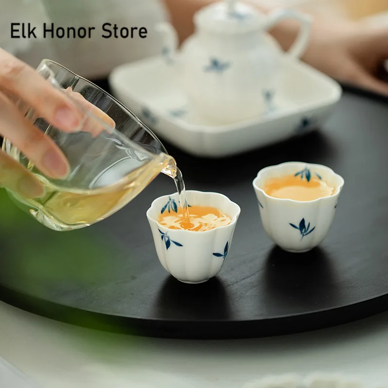 Pure Hand-painted Butterfly Orchid Teacup White Porcelain Set of Cups Petal Smell Fragrance Cup Household Tea Items 38ml 2pc/set tea cup glass tea set