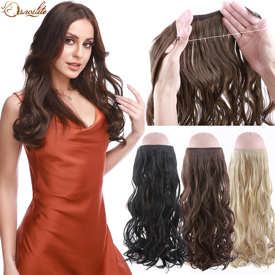 S-noilite 20Inches Synthetic Natural Hair Invisible Wire In Hair Extensions No Clip With Secrect Line Easy Attach Hairpiece