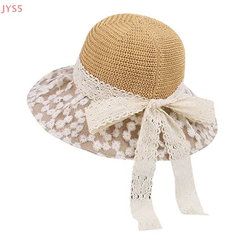 Women's Summer Luxury Lace Pearl Straw Hat, Large Brim Sun Hat for Holiday & Beach, Sunscreen Casual Cap