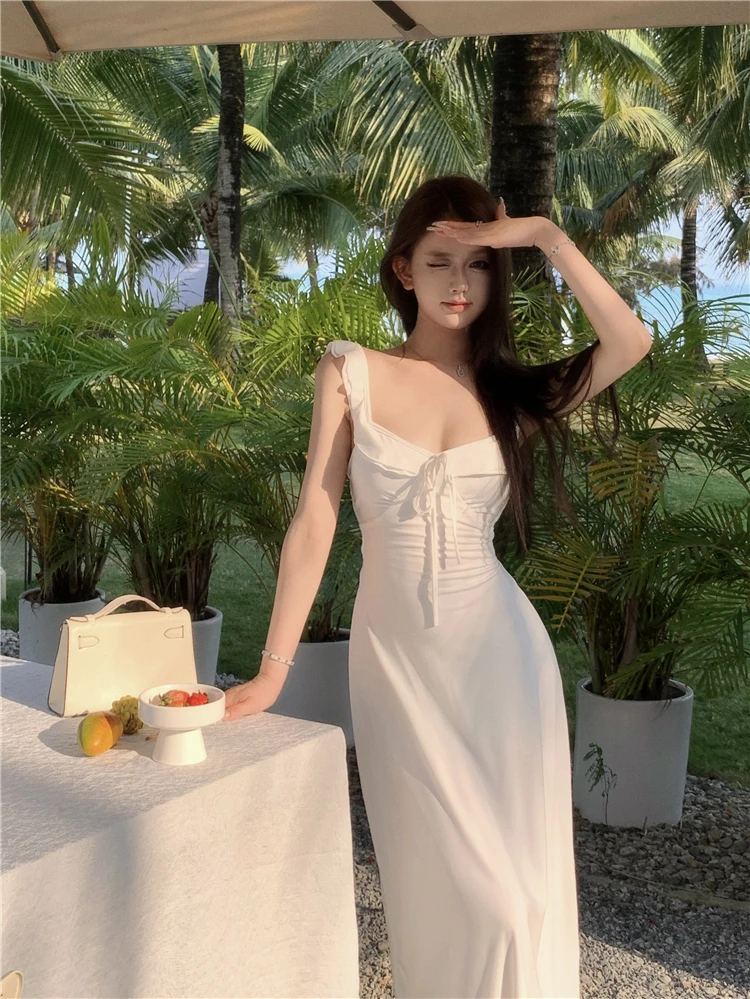 Spaghetti Strap Knitted Dresses for Women Lace-up Slim Solid Square Collar Elegant Sexy Korean Fashion Vestidos Mujer New