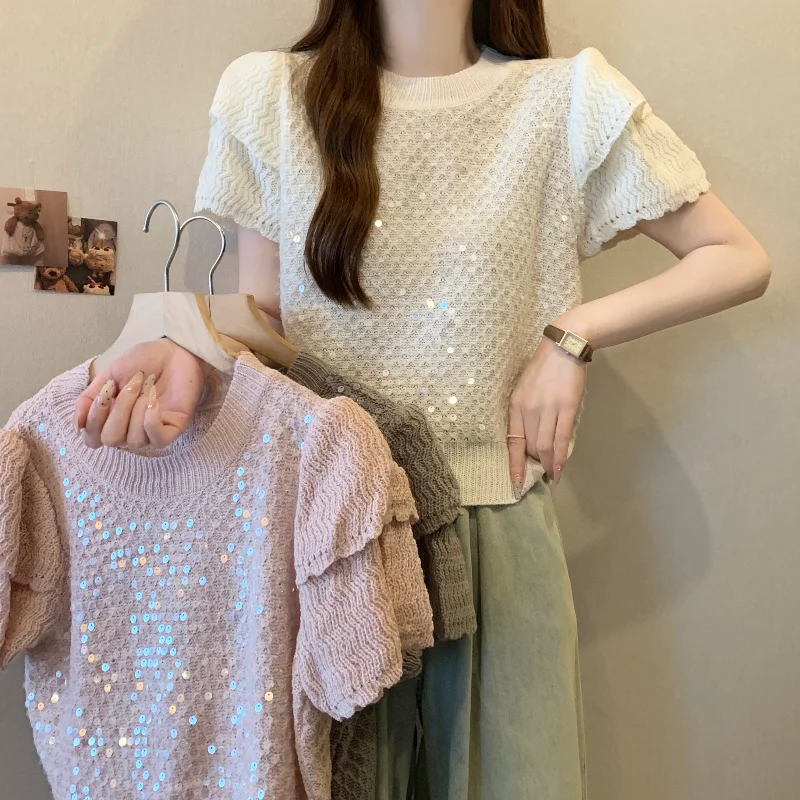 

LKSK Large Size Women's Summer New Lace Sequins Show Slimming Effect Short Sleeved T-shirt with Belly Covering Small Shirt Top