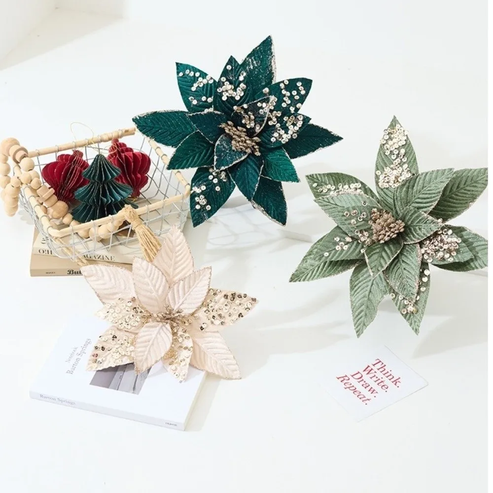 Artificial Poinsettia Flower Glitter Sequins Christmas Decoration