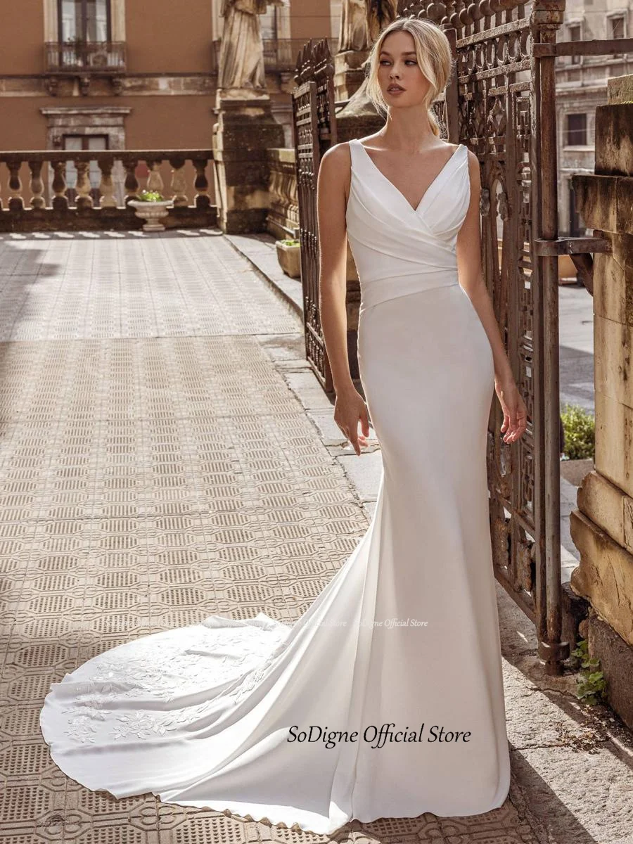 SoDigne Elegant Mermaid Wedding Dresses V-neck Sleeveless Satin Bridal Gown Appliques Long Beach Bridal Dress vestidos de novia 10 S5c4c714b74204653b448360cbac26fb4p