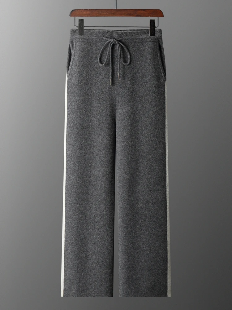 Autumn Winter New Merino Wool Pants Men's High Waist Wide Leg Pants Thickened Jacquard Contrast Casual Knitted