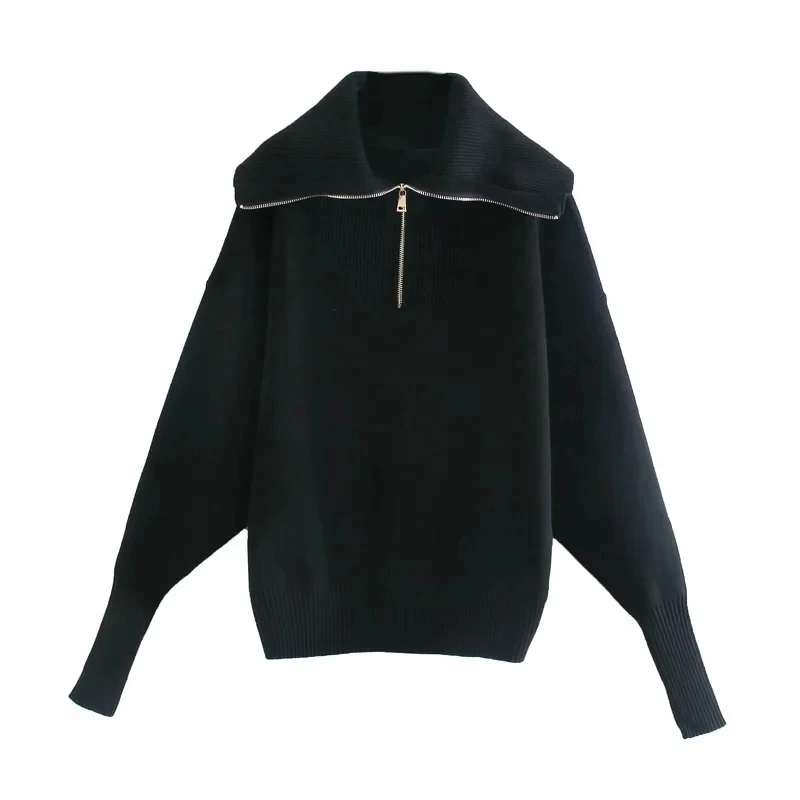 New Vintage Lapel Female Outerwear Chic Tops Women 2024 Zipper Knitting Solid Sweatshirts Fashion Long Sleeve Loose Sweatshirts