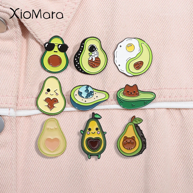 Creative Avocado Fruit Enamel Pin Cartoon Cat Animal Astronaut Brooches Lapel Backpack Badge Jewelry Gift Wholesale