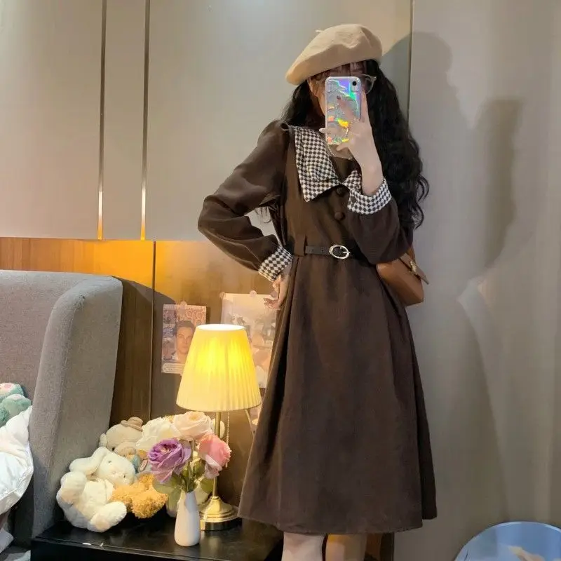 

Autumn and Winter New Women Dresses French Design Sense Plaid Peter Pan Collar Corduroy Mid-length Dress Female