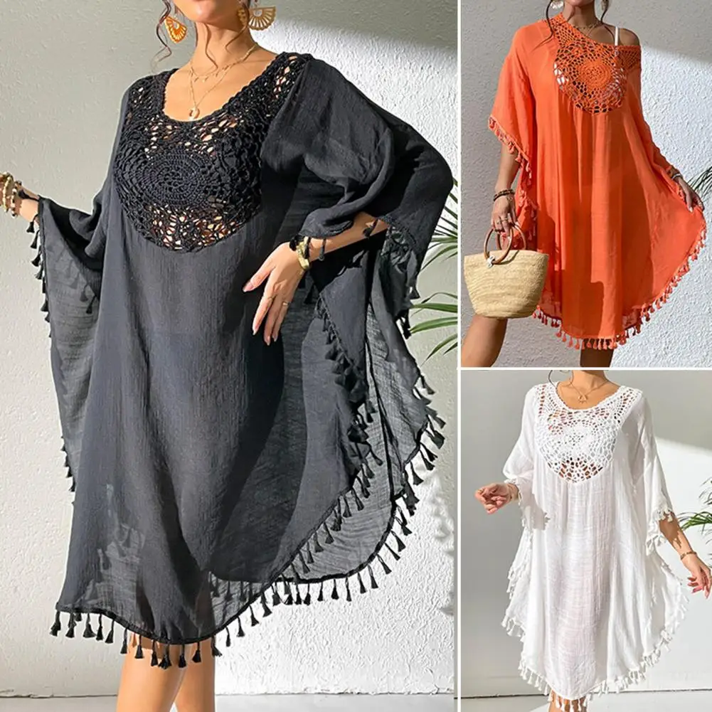 Women Beach Bikini Cover Up O-Neck Half Sleeve Fringed Hollow Loose Fit Swimsuit Dress Solid Color Loose Fit Cover Up Dress
