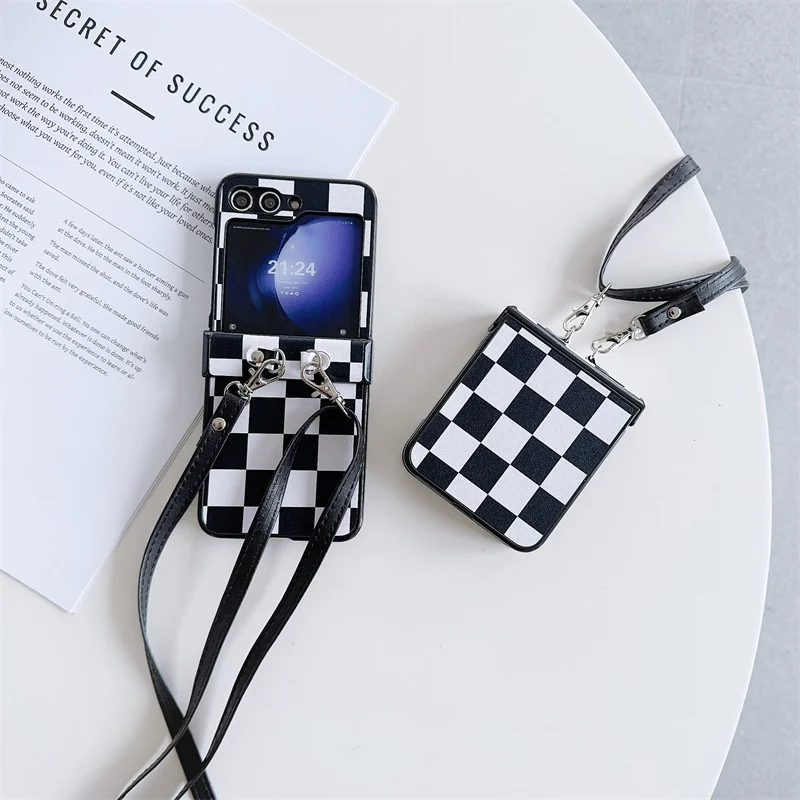 Black White Checkered Phone Case with Necklace Lanyard Lattice Cover
