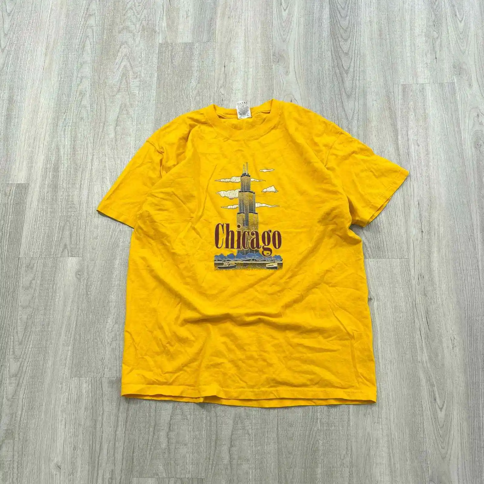 Camicia Vintage Anni '90 Chicago Skyline Grattacielo Taglia Extra Large Xl Maniche Lunghe Gialle Da Uomo