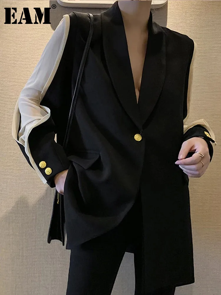 

[EAM] Women Black Color-block Elegant Long Blazer New Lapel Long Sleeve Loose Fit Jacket Fashion Tide Spring Autumn 2024 JU29801