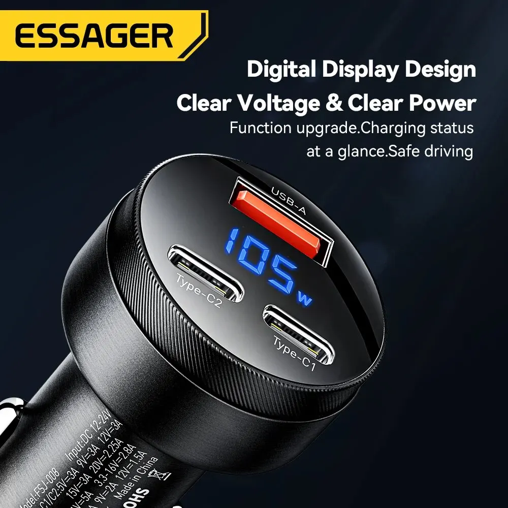 Essager 105W USB Car Charger Quick Charge 4.0 QC4.0 QC3.0 QC SCP PPS PD USB Type C Fast Charging iPhone 14 15 Xiaomi Phone