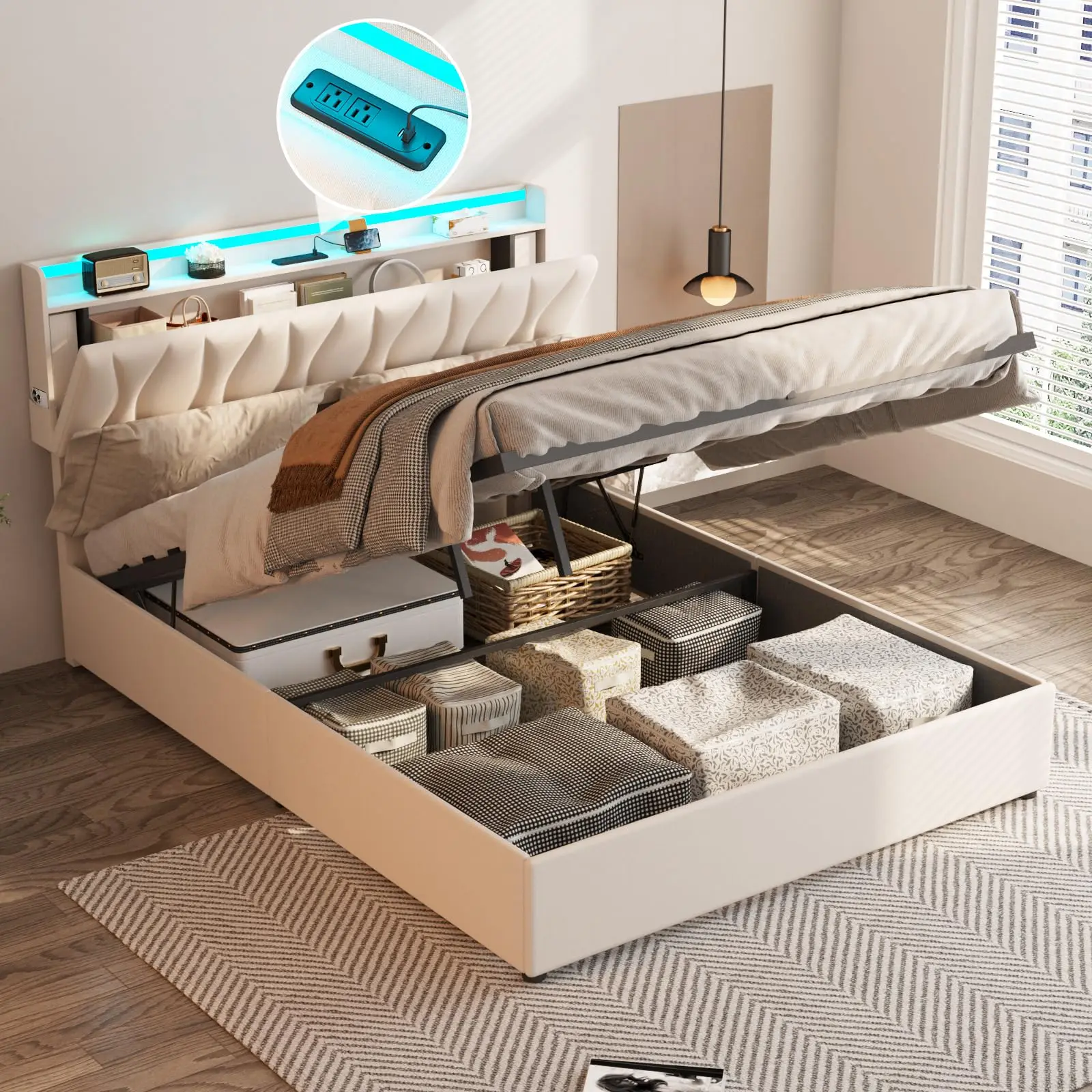 Lift Up Queen Platform Bed Frame Storage Headboard Upholstered with Power Outlet & LED Lights No Box Spring 1