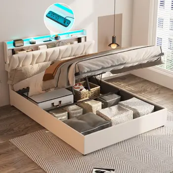 Lift Up Queen Platform Bed Frame Storage Headboard Upholstered with Power Outlet & LED Lights No Box Spring 1