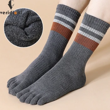 테리 토 양말 남성용, 코튼 스트라이프, 두껍고 부드러운 탄성, 땀 흡수, 따뜻한 파티 원피스, 긴 5 손가락, 행복한 양말, 5 켤레