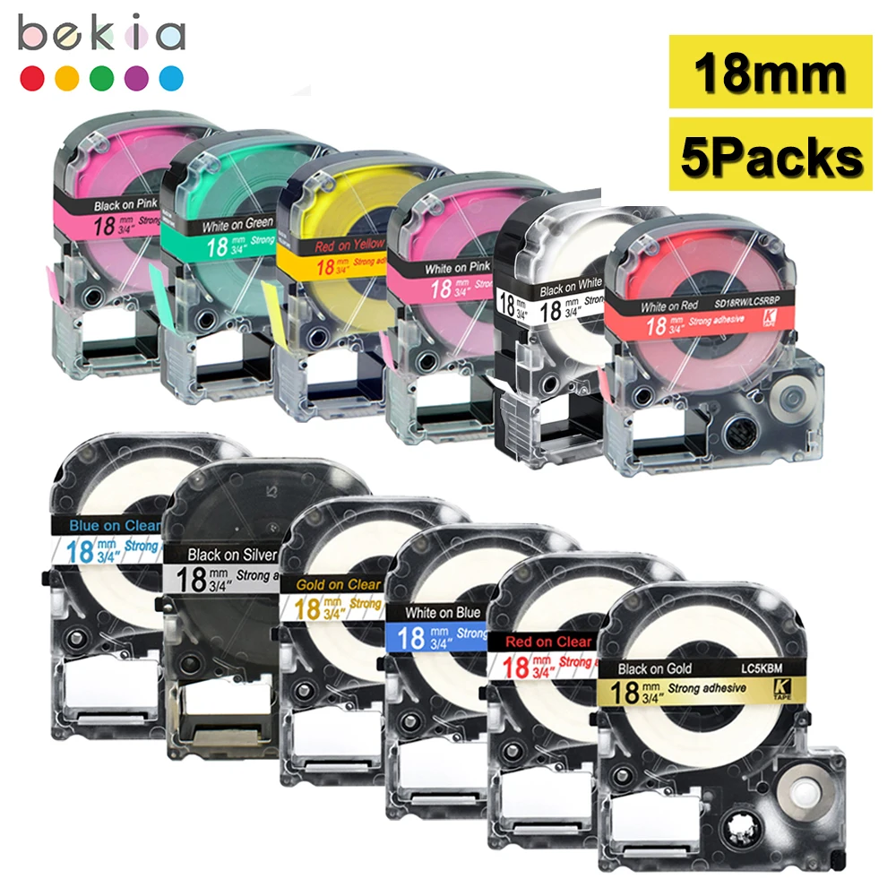 

5PK Label Tape SS18KW LC-5WBN 18mm Cassette Ribbon Labels Compatible Epson/KingJim LW-300 LW400 LW-400 LW700 Label Maker Printer