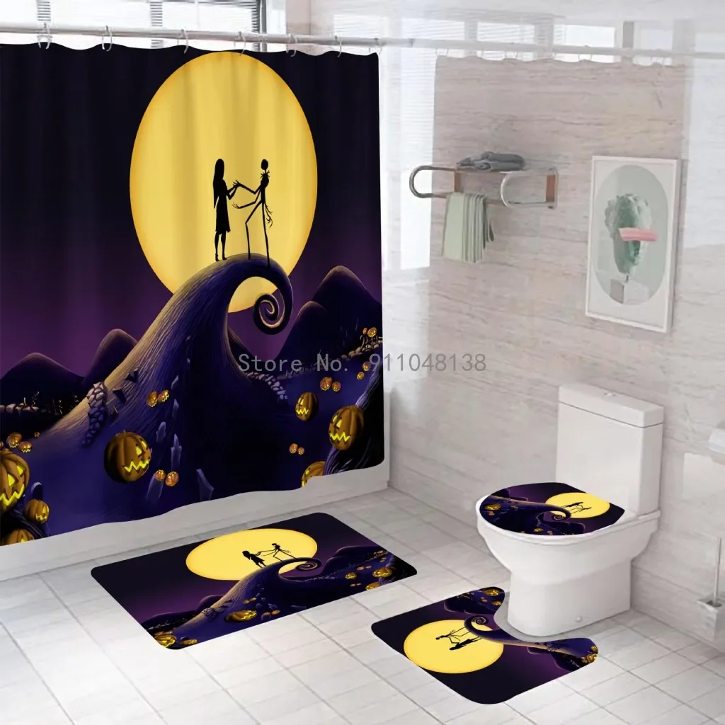 Disney Nightmares Before Christmas Shower Curtain Set 4pcs For Bathroom Waterproof Jack and Sally Bath Curtains Home Decoration