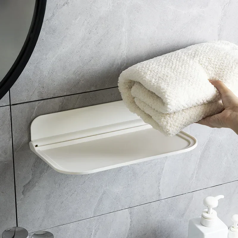 Foldable Wall Shelf Punch-Free Wall-mounted Plastic Floating Shelf Household Bathroom Toilet Towel Clothes Storage Rack 3
