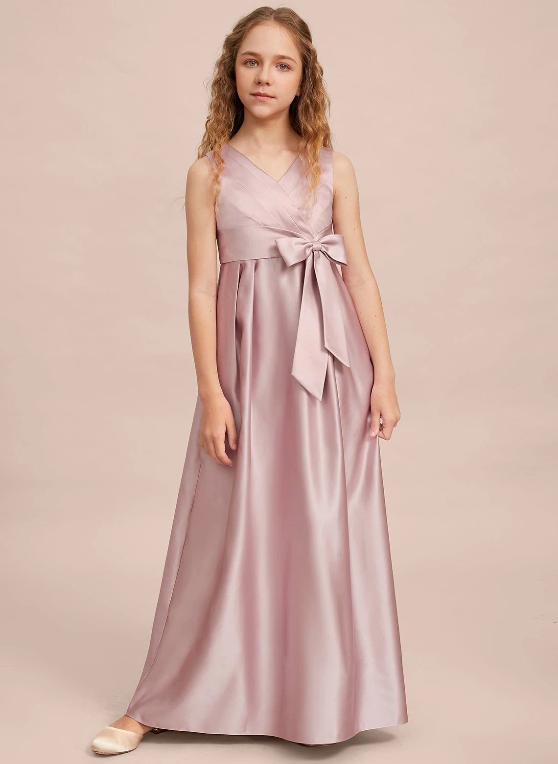 

YZYmanualroom A-line V-Neck Floor-Length Satin Junior Bridesmaid Dress With Bow / Custom Made