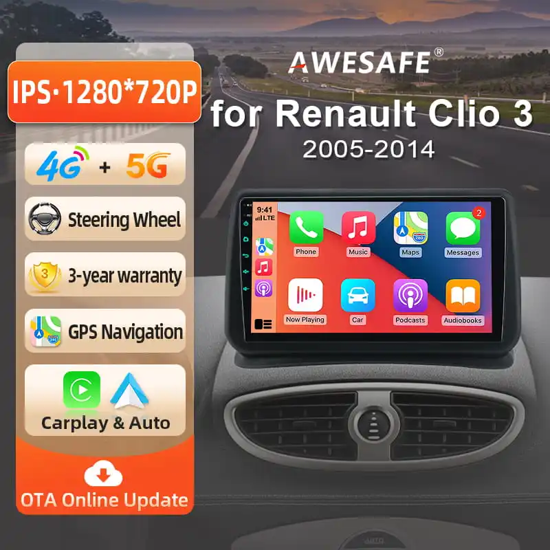 AWESAFE Radio Android de 9 pulgadas para Renault Clio 3 Clio III 2005-2014, CarPlay inalámbrico y Android Auto, navegación GPS, soporte multimedia, control del volante, amplificador de subwoofer, cámara trasera con CAN-BUS EU Plug and Play DAB+ Autoradio digital 2 DIN, radio para coche BT 1