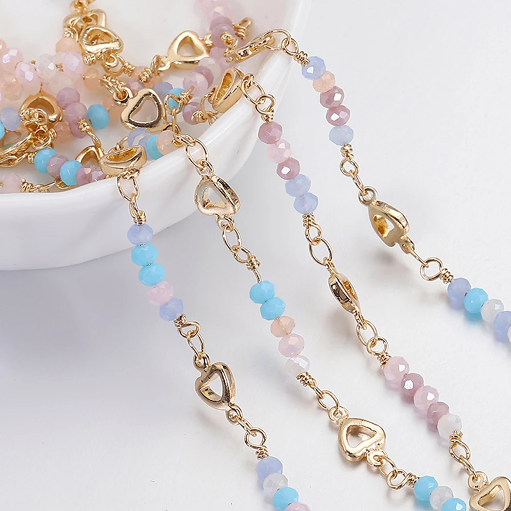 1meter Crystal Beads Chain KC Gold Color Love Heart Beaded Copper