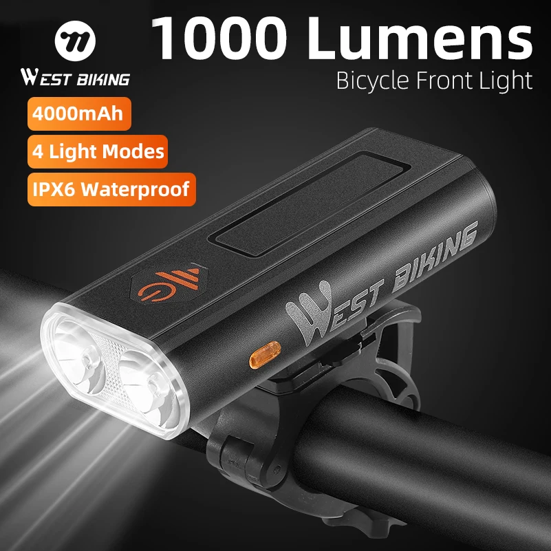 WEST BIKING Bicycle Light 4000mAh Bike Light IPX6 Flashlight Aluminum Front Lamp Type-C Charging MTB Road Cycling Accessory