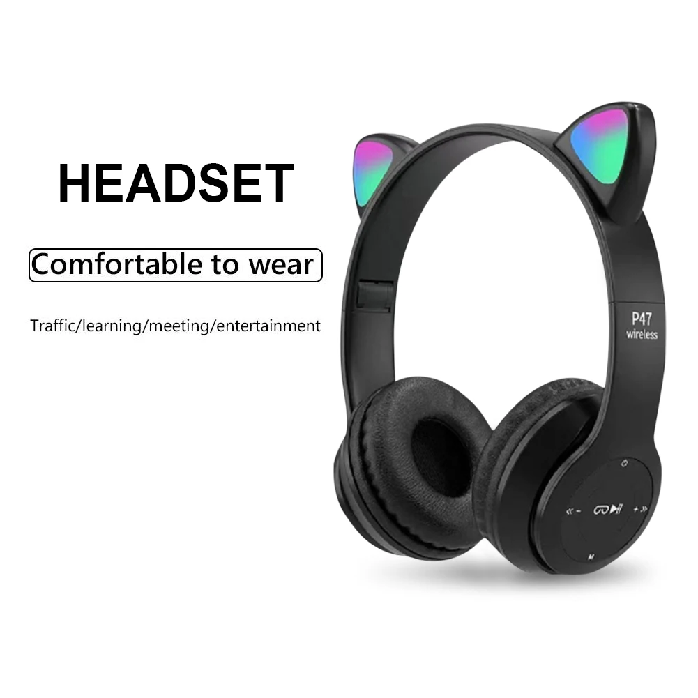 Casque sans fil Cat Ear pour enfants et adultes, casque de jeu, lumière luisante, casques compatibles Bluetooth, casque de sport mignon 3