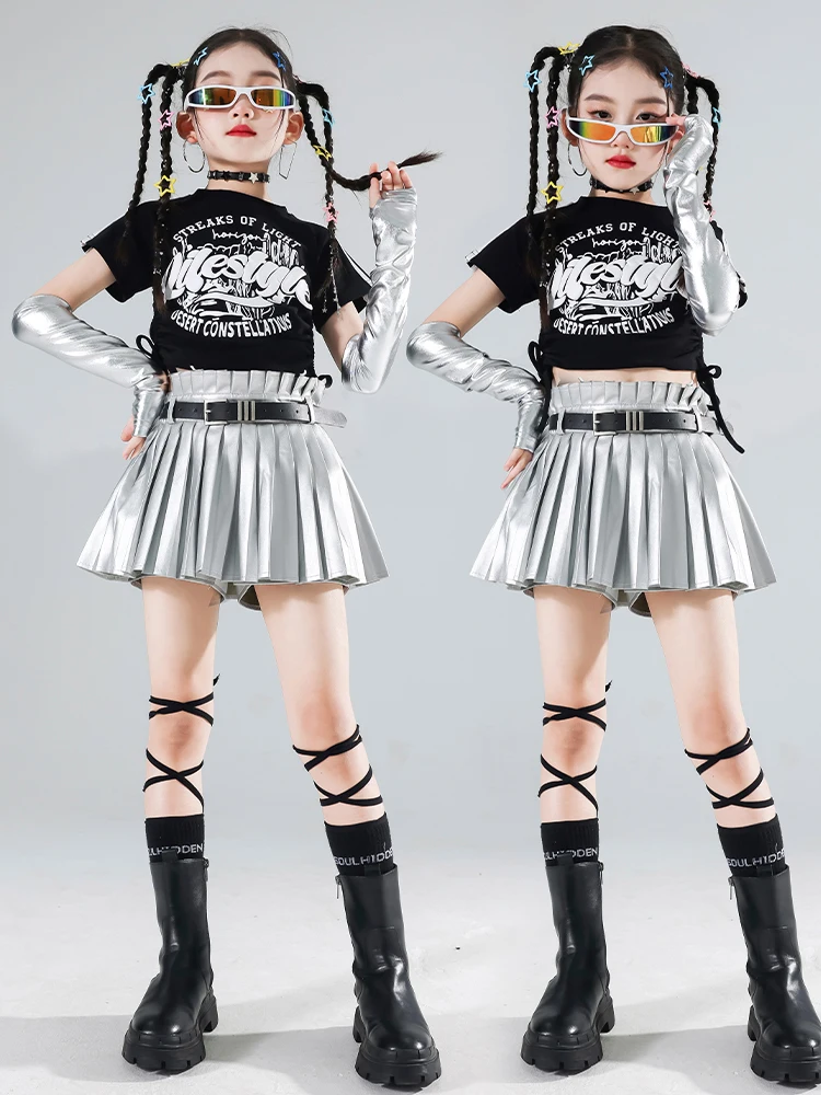 Girls Streetwear Hip Hop Crop Top Silver Cargo Pants Sequin