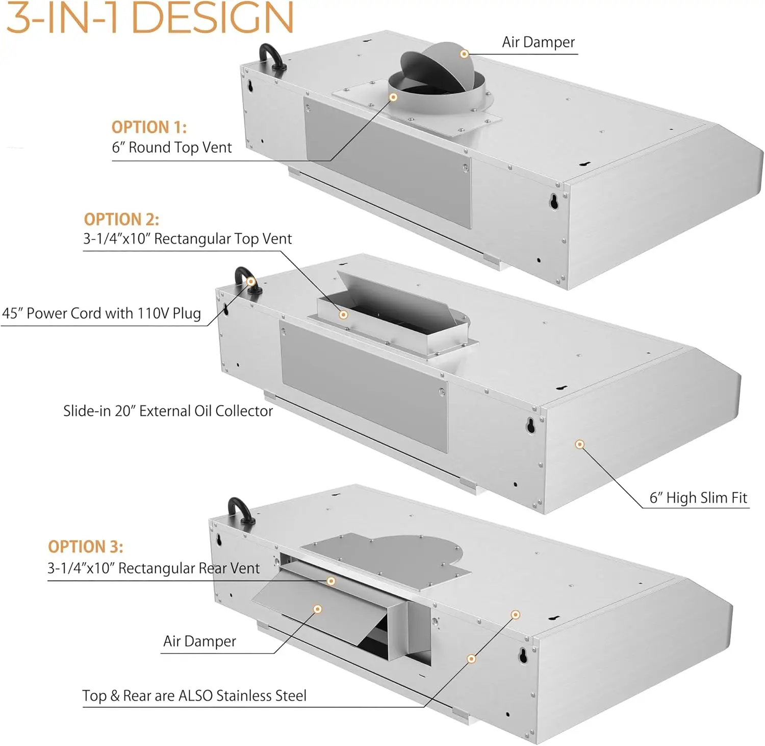 RH-C06-A30 Classic 6&rdquo; High 1mm Thick Stainless Steel Under Cabinet 4 Speeds 900 CFM Range Hood with 2 LED Lights