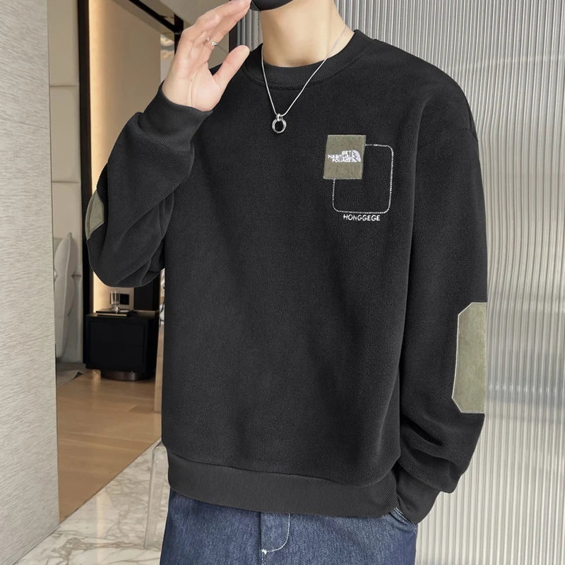 Autumn and Winter New Men's Pullover Round Neck Panel Letter Plush Thickened Fashion Casual Loose Versatile Long Sleeved Sweater
